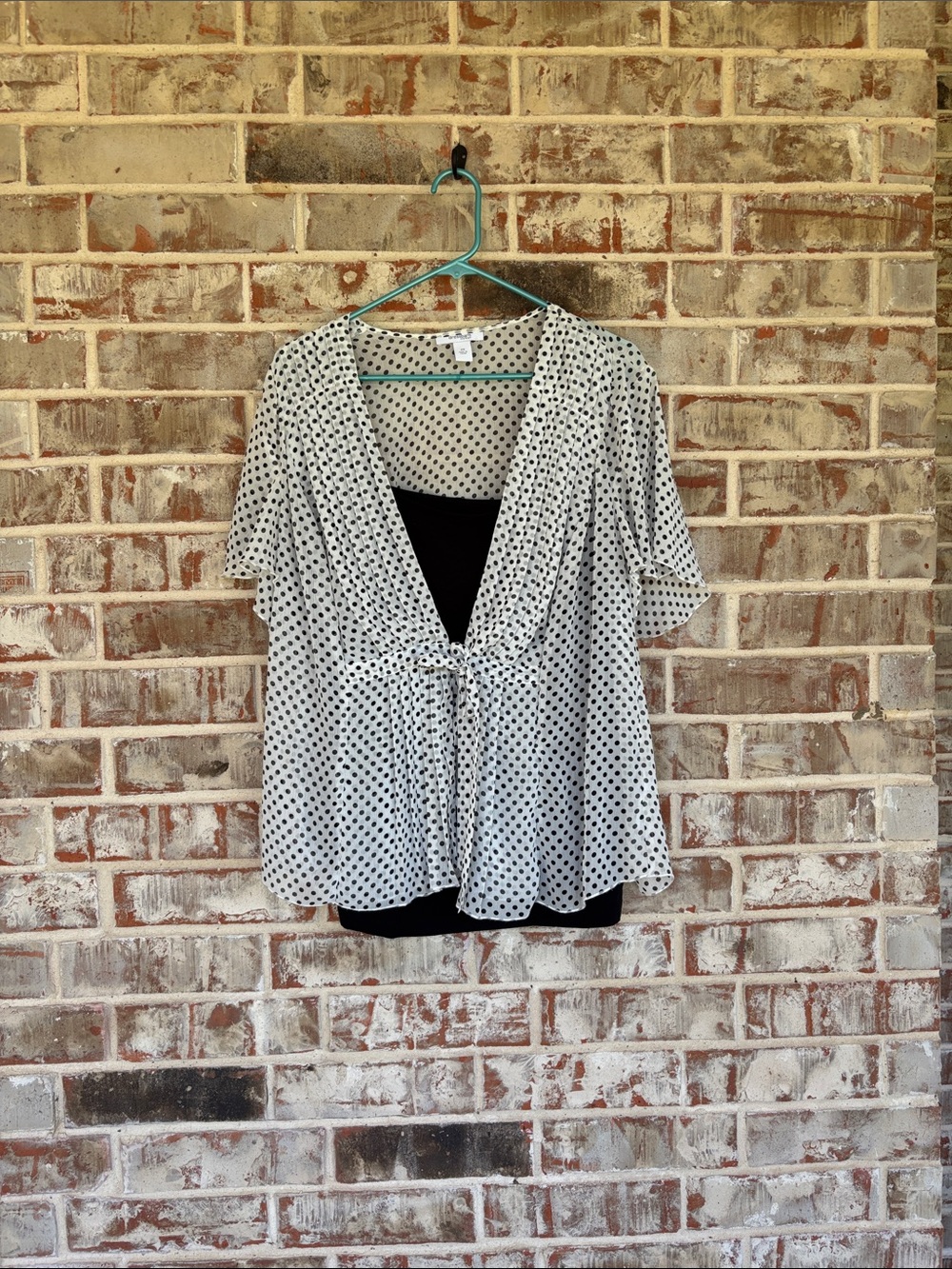 Dressbarn Cream and Black Polka Dot Tie-Front Tunic and Black Cami